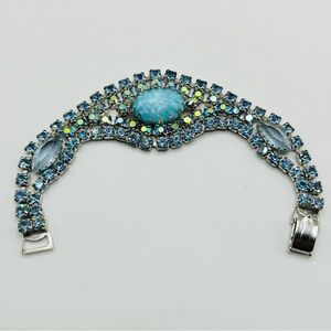 Vintage unsigned blue, AB, & Molded Glass rhinestone bracelet 6.5”